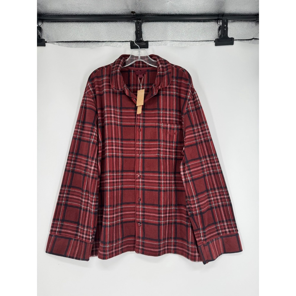 SKIMS Flannel Fleece Pajama Shirt Top‎ Merlot Red Plaid Long Sleeve Button Up L